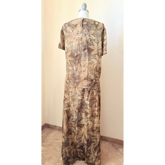 Due Per Due Silk 2 Piece Set Leaf Print Blouse Skirt Brown Beige Size 8 - Picture 6 of 8